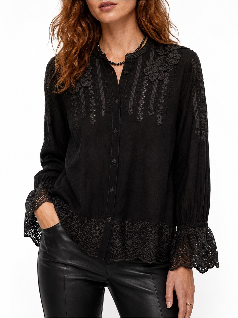 Johnny Was Katya Shirt Black Embroidery Crochet Flowers Flare Button Up sz Med
